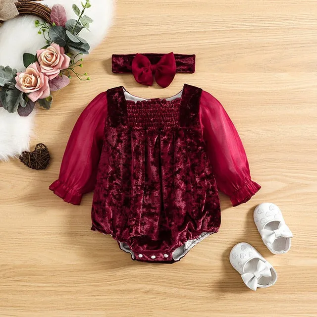 Burgandy Red Velvet Bodysuit Romper Baby Girls , Color - Red
