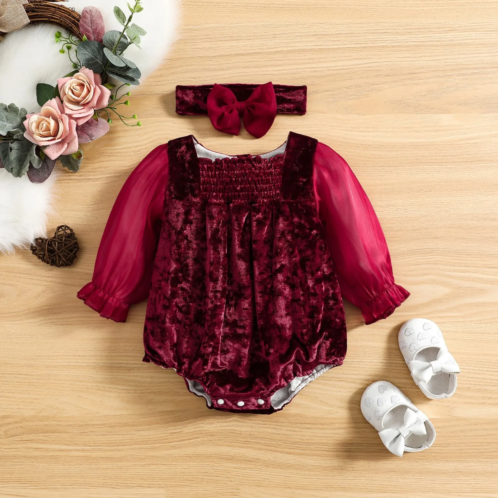 Burgandy Red Velvet Bodysuit Romper Baby Girls , Color - Red