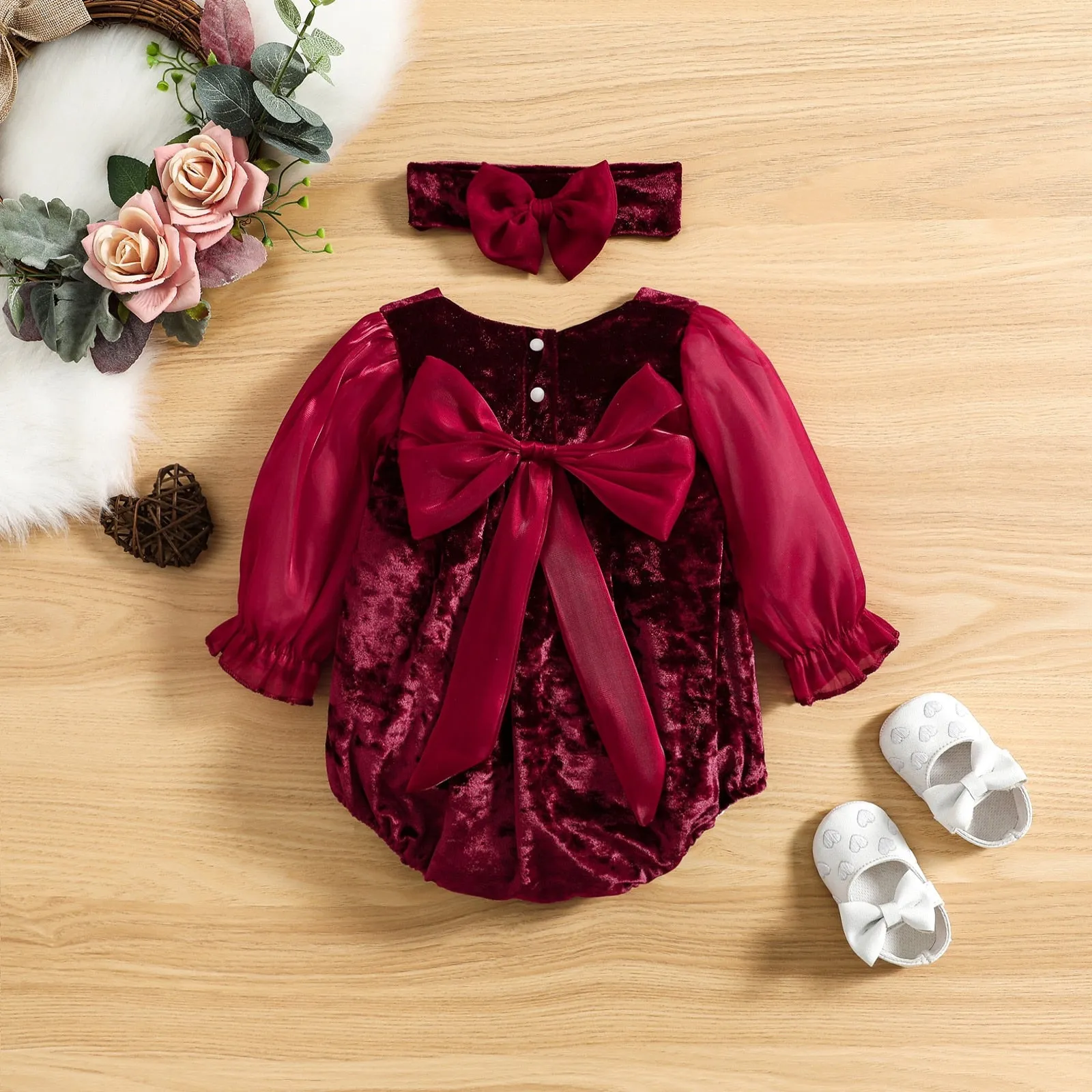 Burgandy Red Velvet Bodysuit Romper Baby Girls , Color - Red