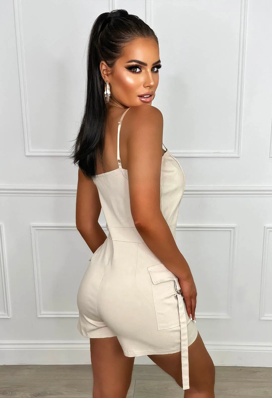 Cool Girl Beige Cargo Stretch Pocket Detail Playsuit