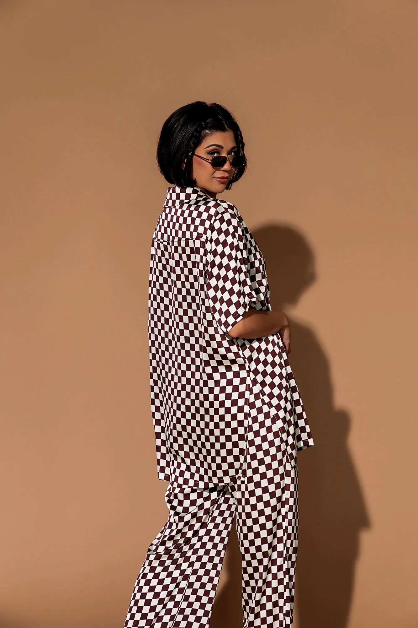 Dream So Big Satin Top   Pants Set in Brown Cream Check