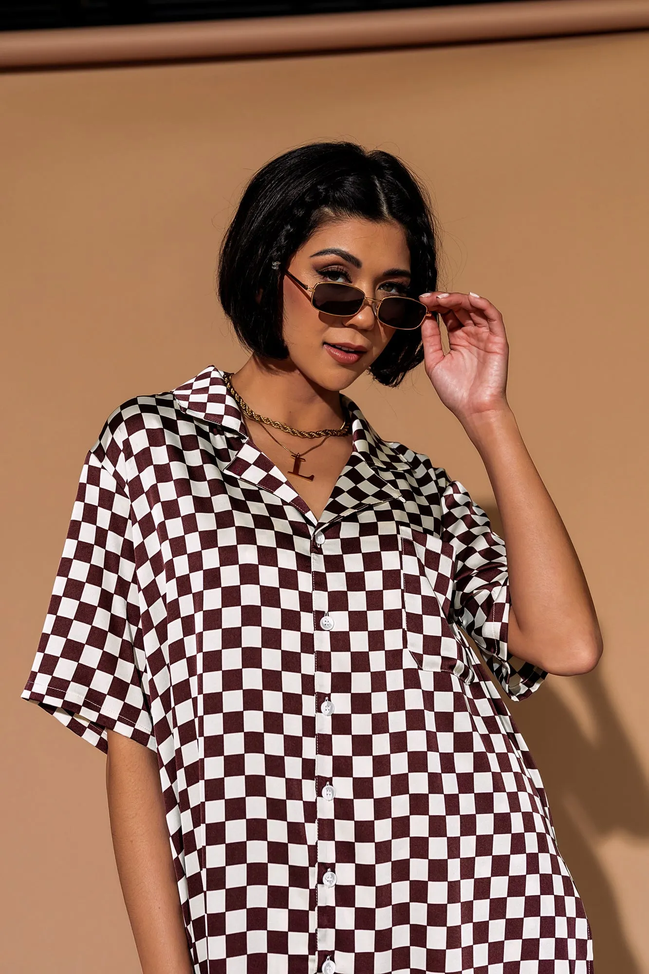 Dream So Big Satin Top   Pants Set in Brown Cream Check