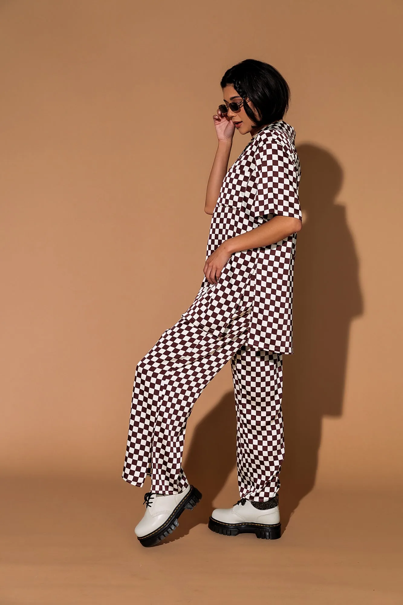 Dream So Big Satin Top   Pants Set in Brown Cream Check