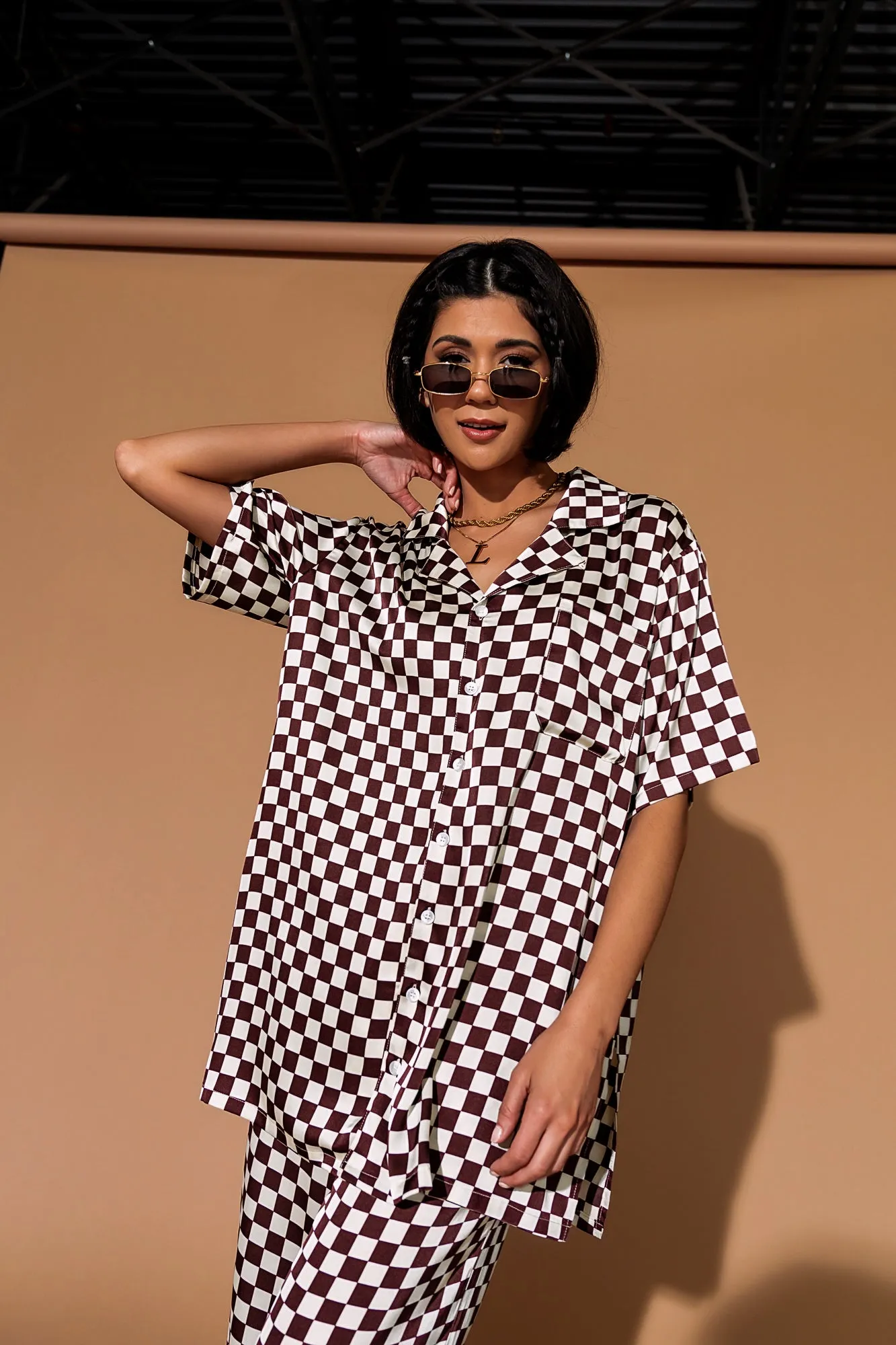 Dream So Big Satin Top   Pants Set in Brown Cream Check