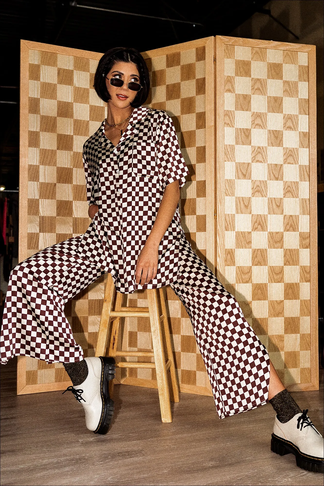 Dream So Big Satin Top   Pants Set in Brown Cream Check