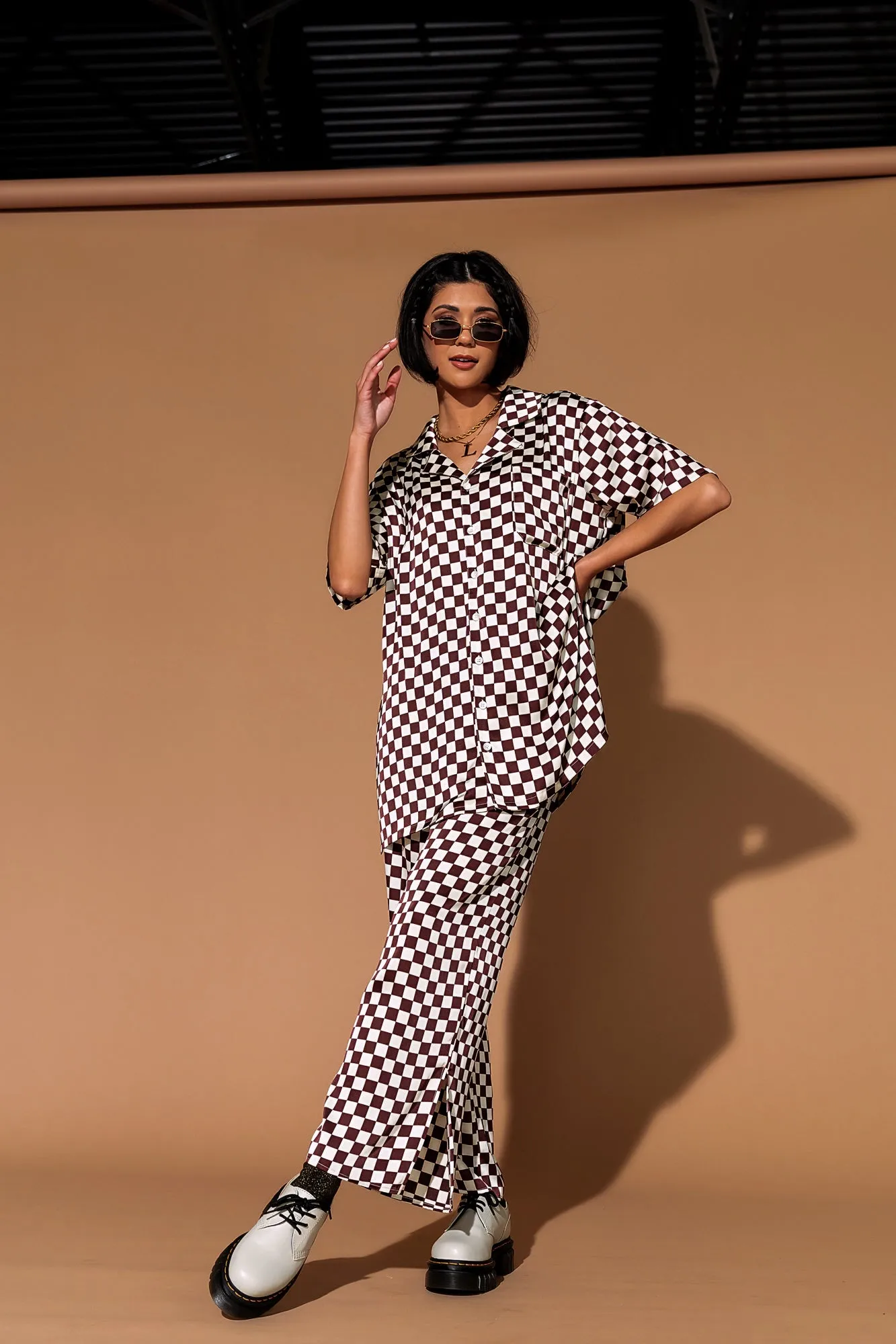 Dream So Big Satin Top   Pants Set in Brown Cream Check