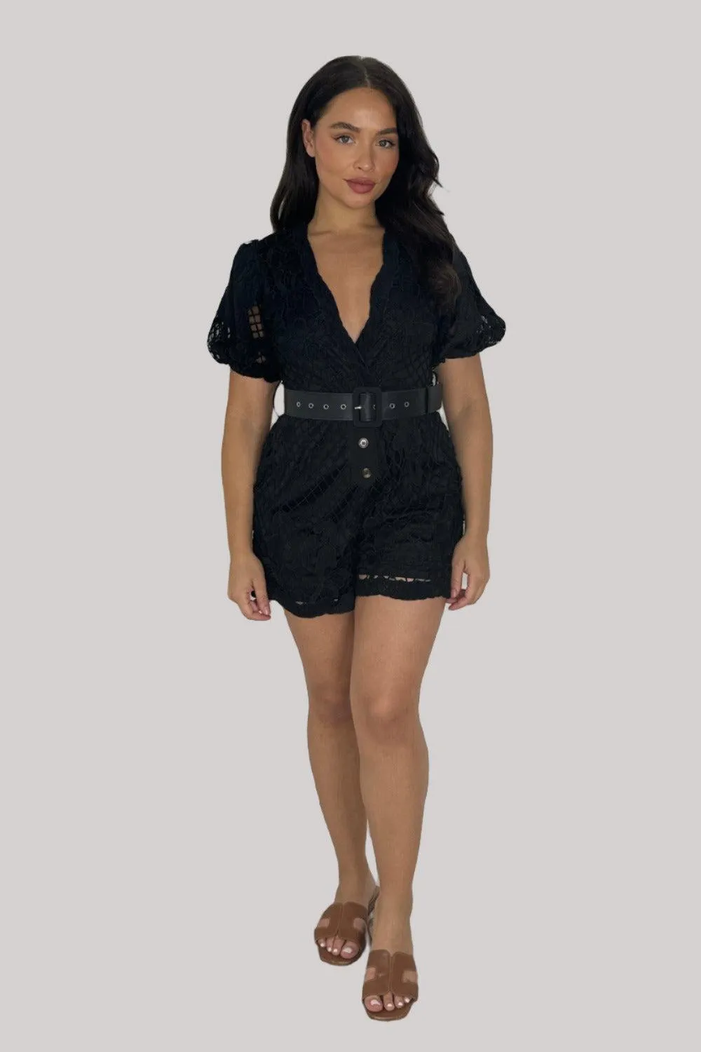 Elegant Crochet Button Detail Belted Playsuit