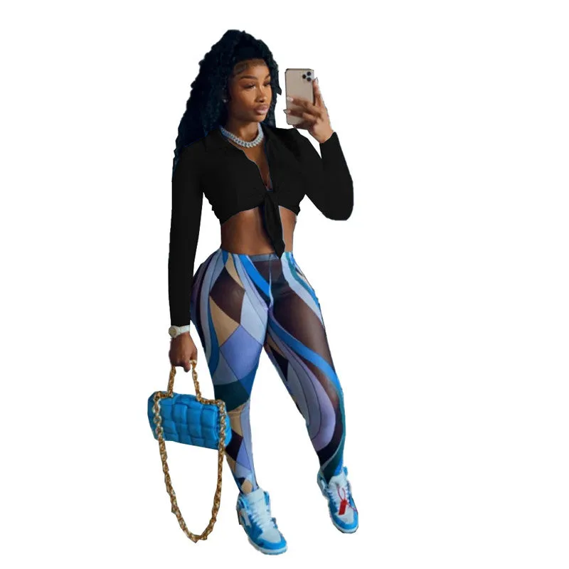 Long Sleeve Crop Top Printed Leggings