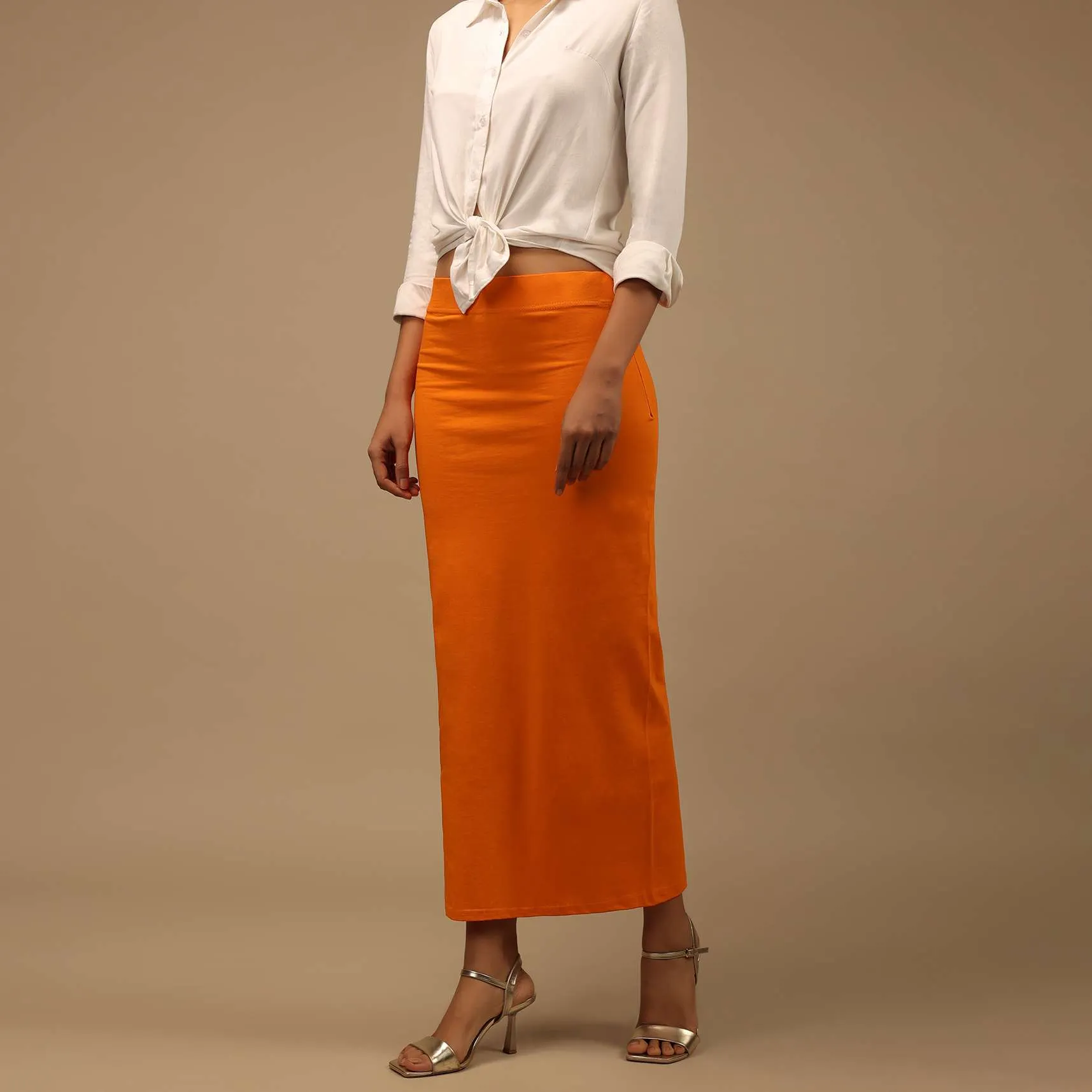 Orange Shapewear Saree Petticoat In Cotton Lycra With Elastic Waistband And Slit