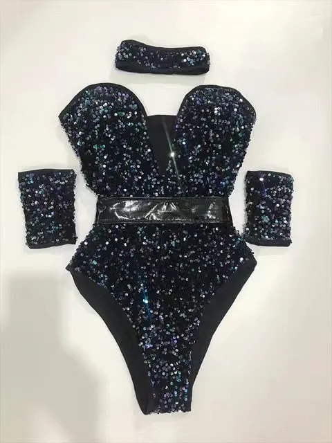 Sequins Bodysuit Bar Jazz Pole Dancing Costume For Female Rave Outfits Nightclub Dj Singer Dancer Stage Show Dancewear