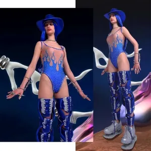 Sexy Gogo Dancer Costume Rhinestone Bodysuit Qrag Queen Costume Holographic Clothes Nightclub Outfit Pole Dance Wear