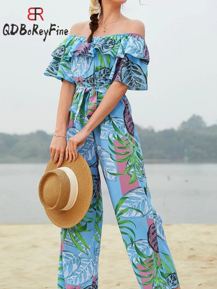 Sexy Women Jumpsuits Off shoulder Ankle length wide leg pants Ruffles short sleeve Casual holiday jump suits for women rompers
