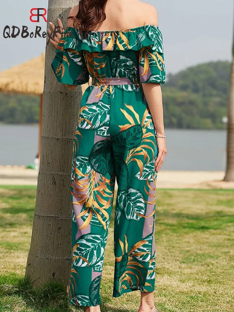 Sexy Women Jumpsuits Off shoulder Ankle length wide leg pants Ruffles short sleeve Casual holiday jump suits for women rompers