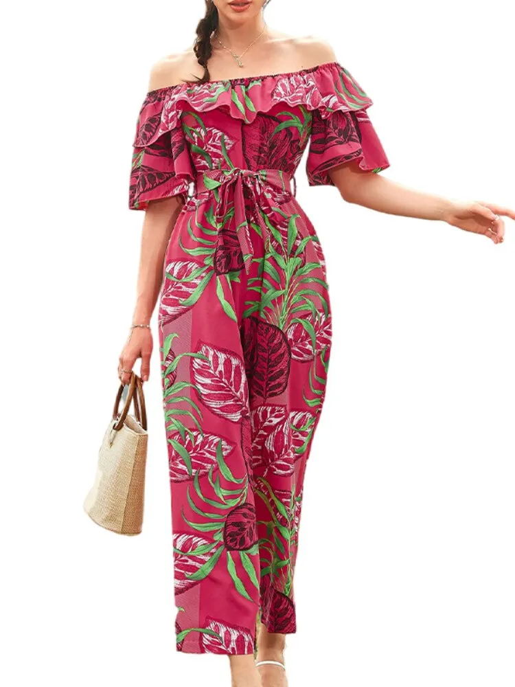 Sexy Women Jumpsuits Off shoulder Ankle length wide leg pants Ruffles short sleeve Casual holiday jump suits for women rompers