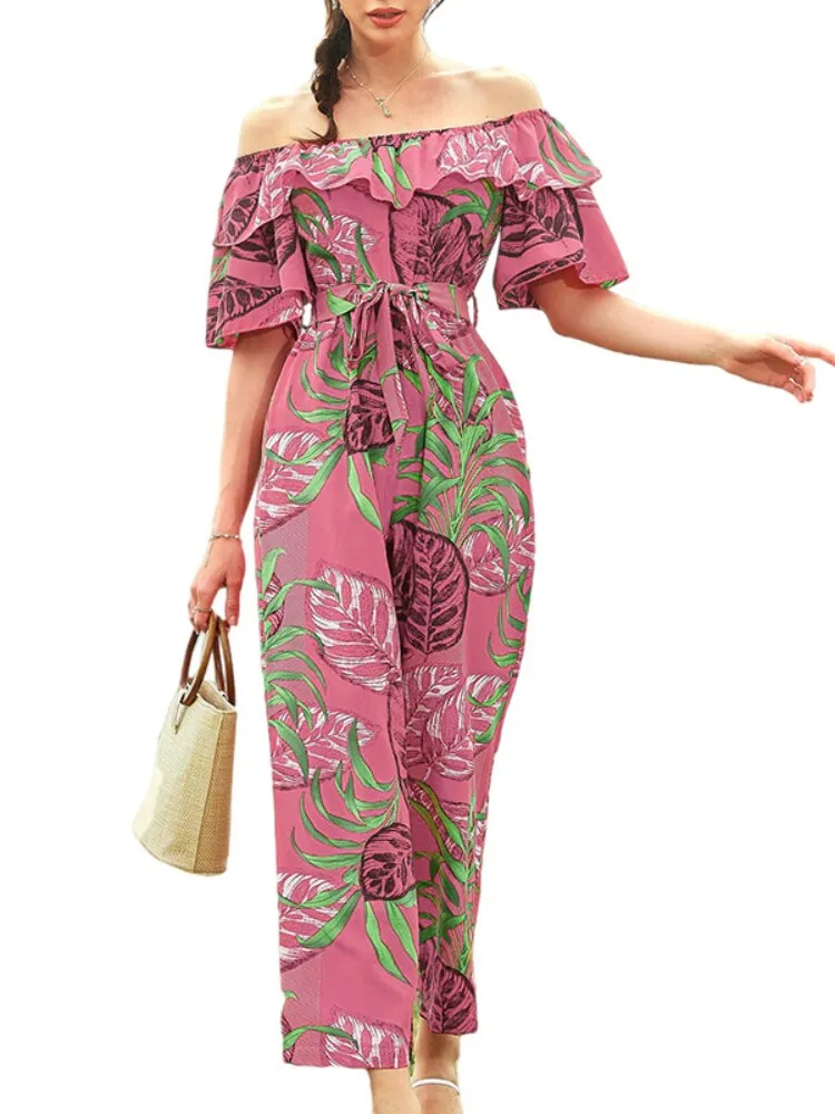 Sexy Women Jumpsuits Off shoulder Ankle length wide leg pants Ruffles short sleeve Casual holiday jump suits for women rompers