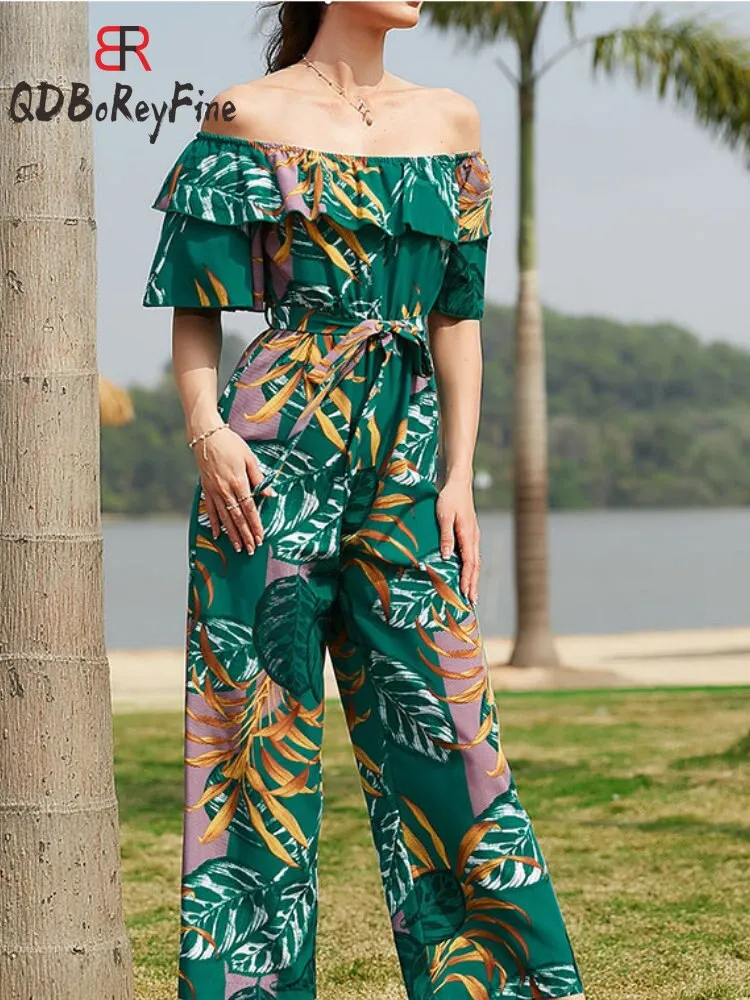 Sexy Women Jumpsuits Off shoulder Ankle length wide leg pants Ruffles short sleeve Casual holiday jump suits for women rompers