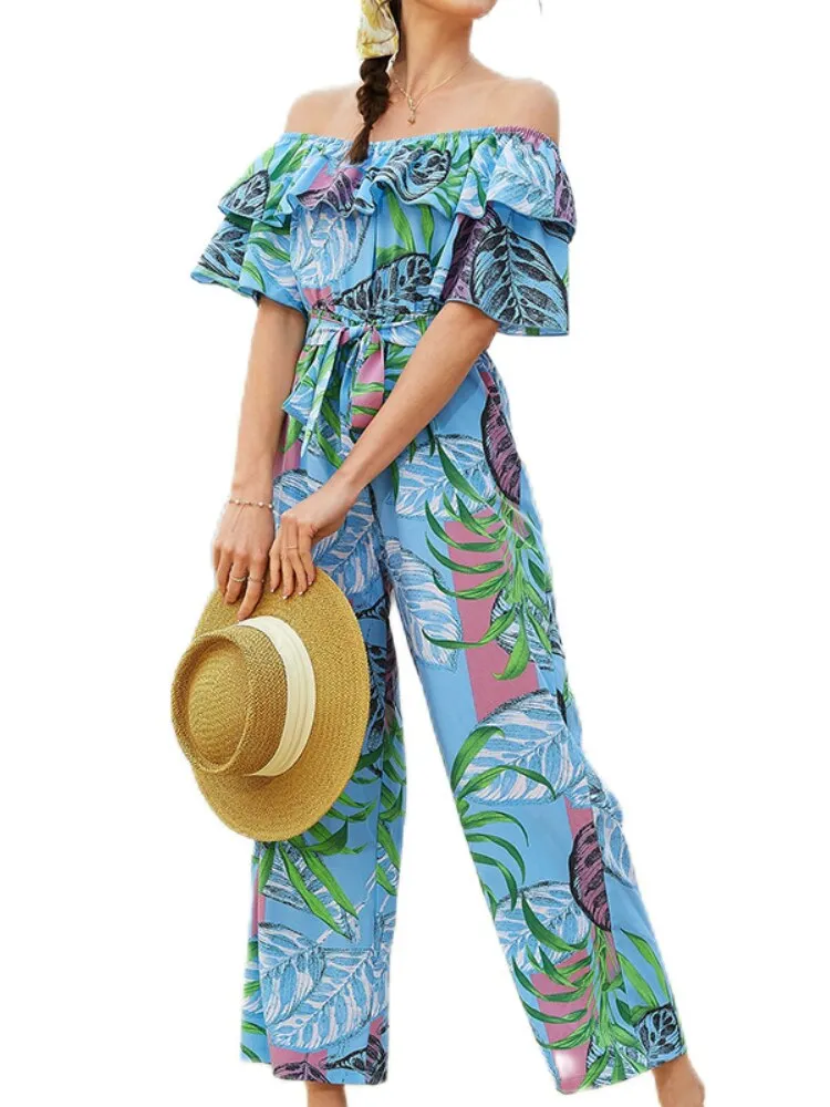 Sexy Women Jumpsuits Off shoulder Ankle length wide leg pants Ruffles short sleeve Casual holiday jump suits for women rompers