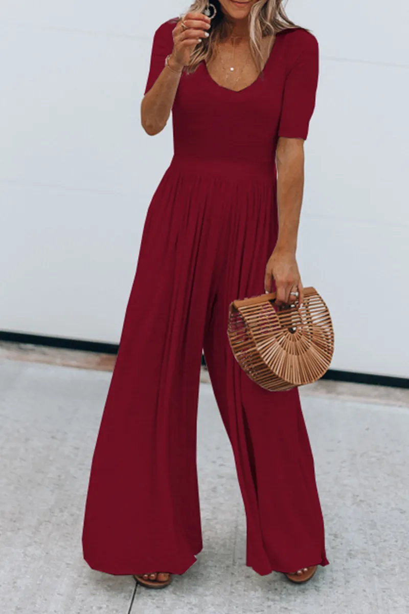 Solid Split Joint Basic U Neck Jumpsuits