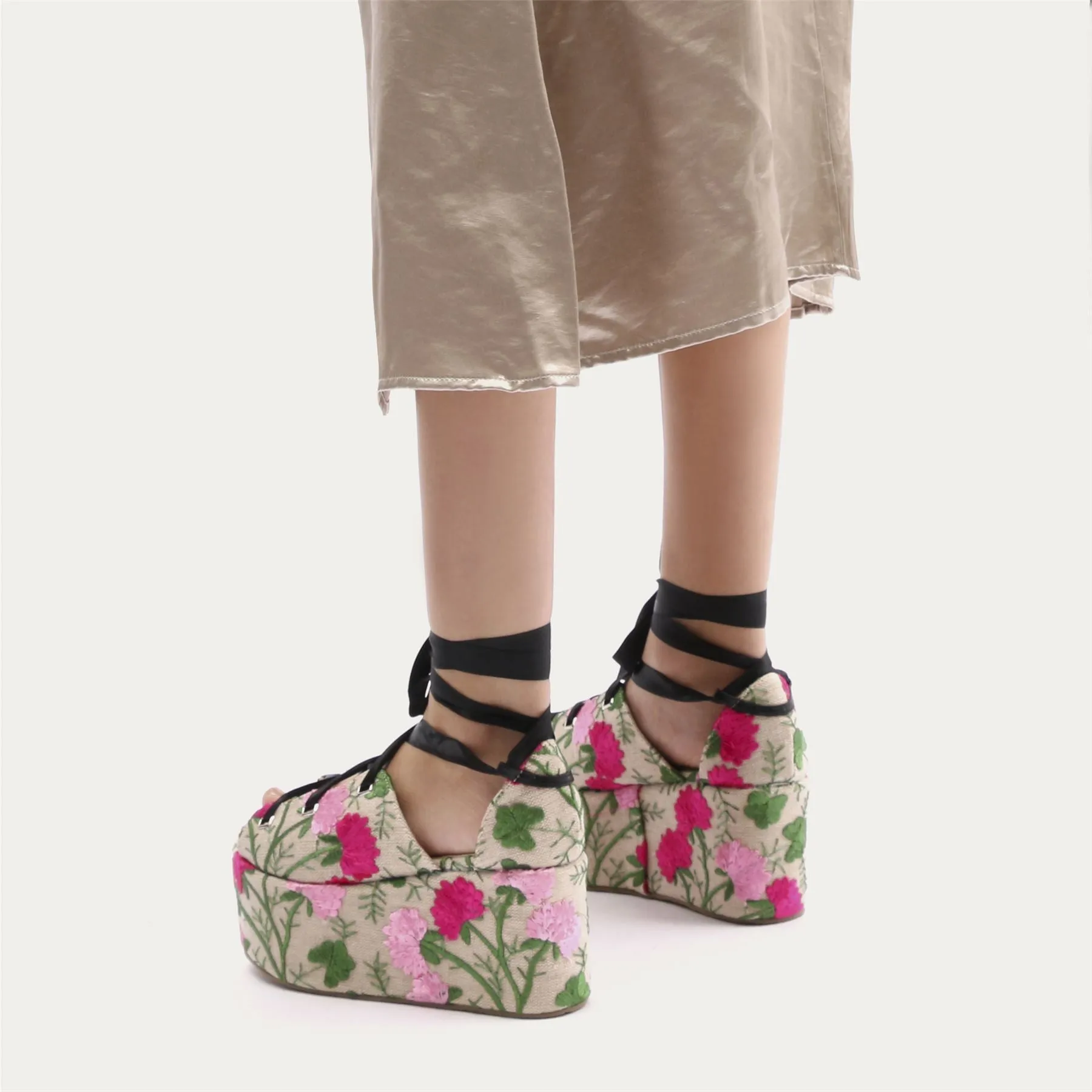 Storm Embroidered Lace Up Flatforms in Pink