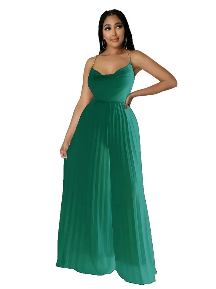 Summer Solid Pleated Wide Leg Jumpsuit