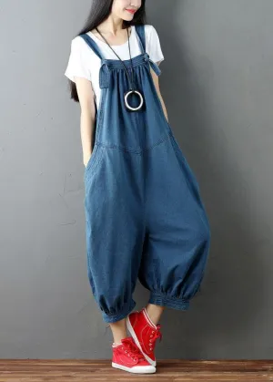 Women Blue Pockets Button Fall Casual Cotton Romper