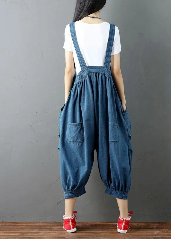 Women Blue Pockets Button Fall Casual Cotton Romper