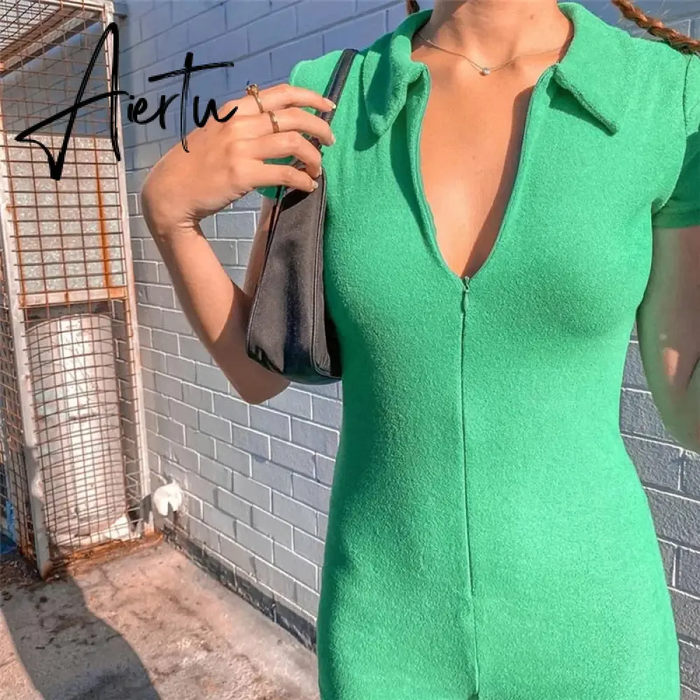 Women Skinny Playsuit Summer Knitted Short Sleeve Overalls Y2K Vintage Turn Down Collar Rompers Female Workout Streetwear Outfit