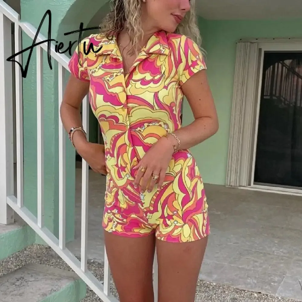 Women Skinny Playsuit Summer Knitted Short Sleeve Overalls Y2K Vintage Turn Down Collar Rompers Female Workout Streetwear Outfit