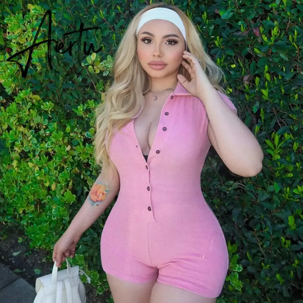 Women Skinny Playsuit Summer Knitted Short Sleeve Overalls Y2K Vintage Turn Down Collar Rompers Female Workout Streetwear Outfit