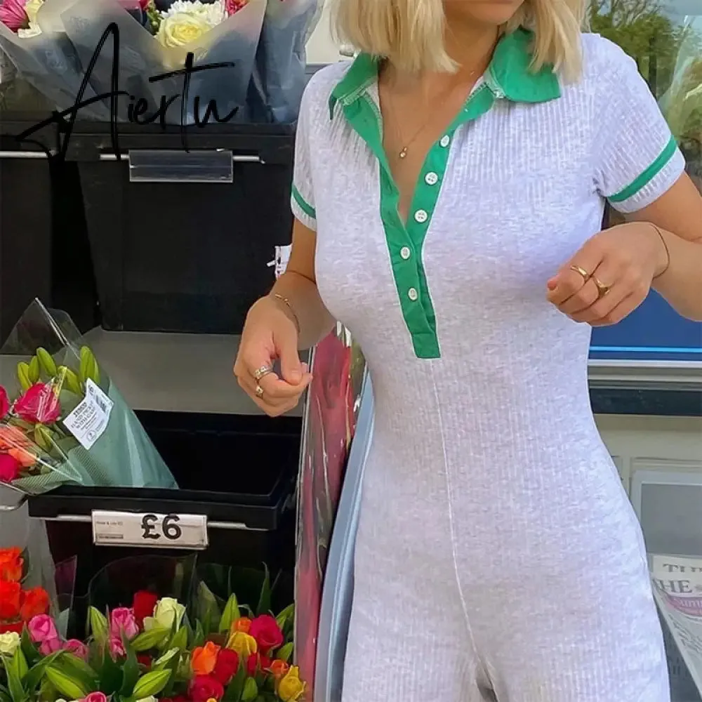 Women Skinny Playsuit Summer Knitted Short Sleeve Overalls Y2K Vintage Turn Down Collar Rompers Female Workout Streetwear Outfit