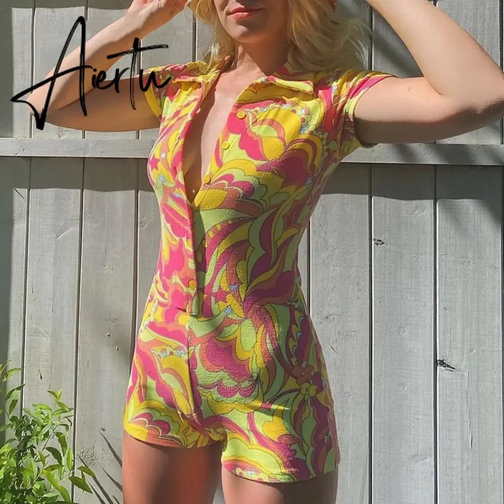 Women Skinny Playsuit Summer Knitted Short Sleeve Overalls Y2K Vintage Turn Down Collar Rompers Female Workout Streetwear Outfit
