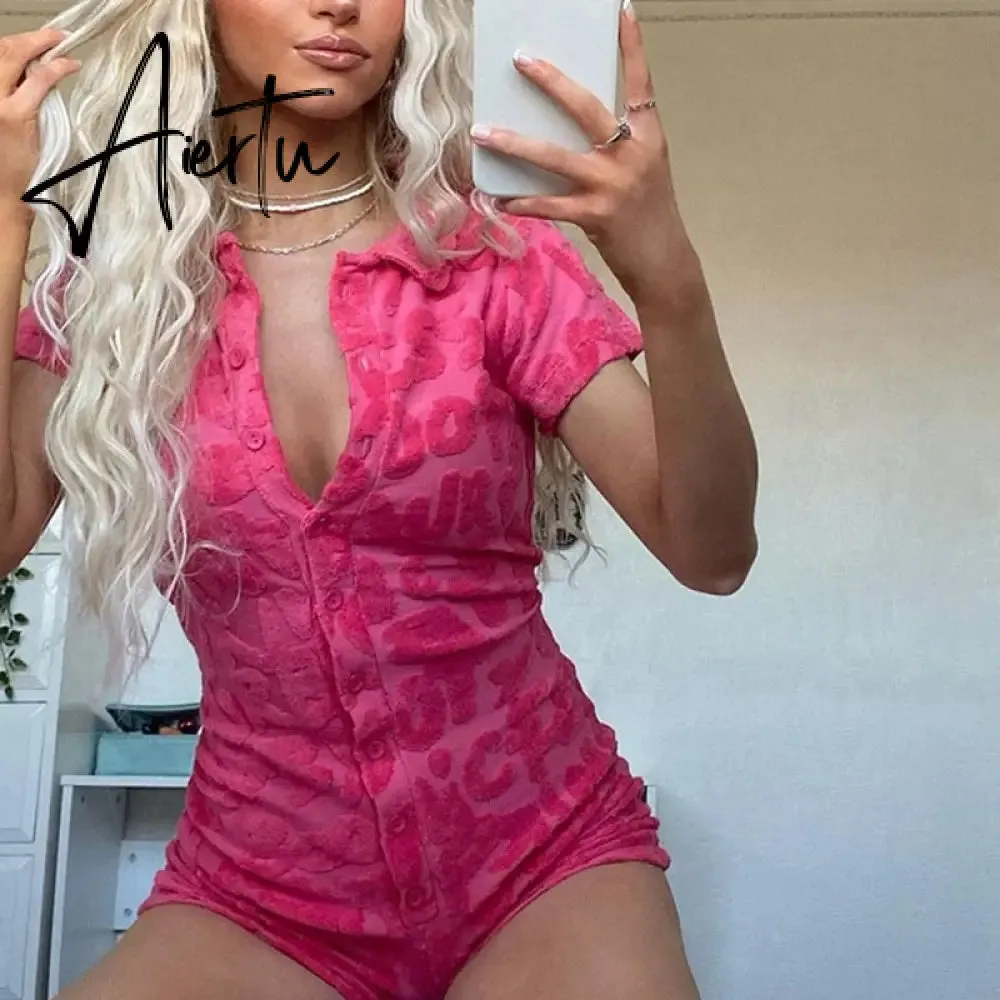 Women Skinny Playsuit Summer Knitted Short Sleeve Overalls Y2K Vintage Turn Down Collar Rompers Female Workout Streetwear Outfit