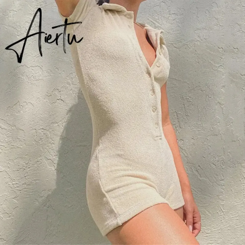 Women Skinny Playsuit Summer Knitted Short Sleeve Overalls Y2K Vintage Turn Down Collar Rompers Female Workout Streetwear Outfit