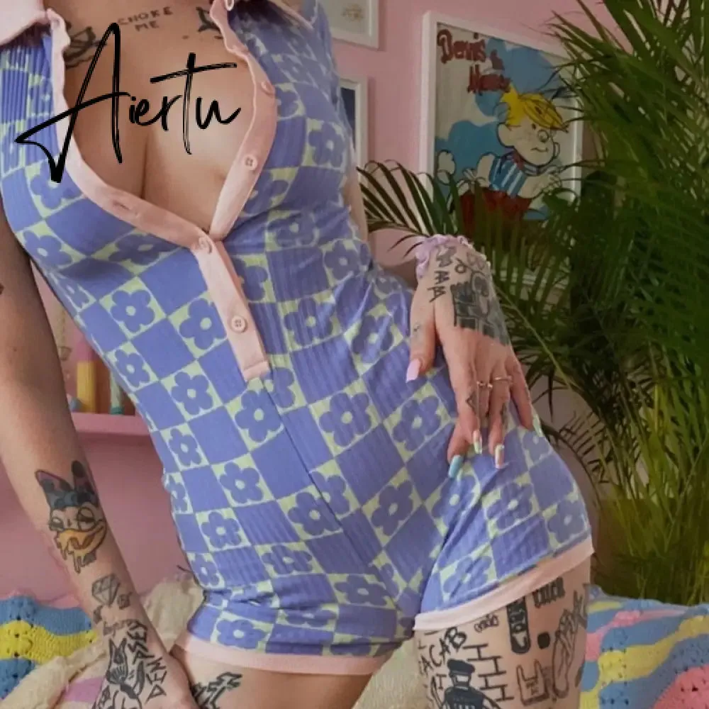 Women Skinny Playsuit Summer Knitted Short Sleeve Overalls Y2K Vintage Turn Down Collar Rompers Female Workout Streetwear Outfit