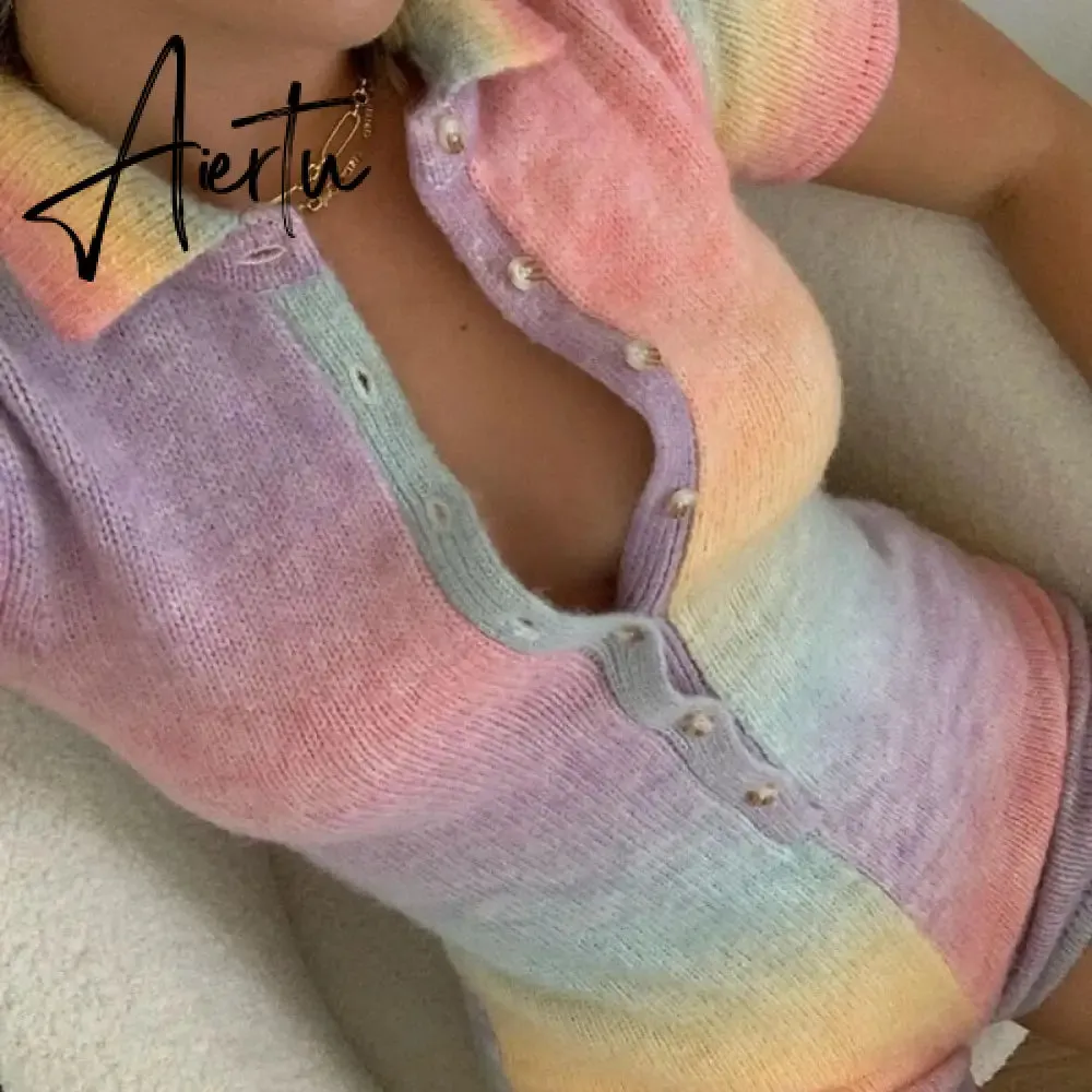 Women Skinny Playsuit Summer Knitted Short Sleeve Overalls Y2K Vintage Turn Down Collar Rompers Female Workout Streetwear Outfit