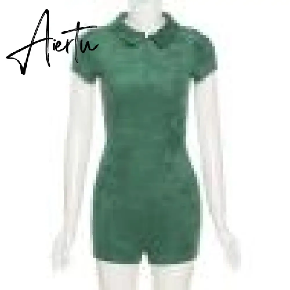 Women Skinny Playsuit Summer Knitted Short Sleeve Overalls Y2K Vintage Turn Down Collar Rompers Female Workout Streetwear Outfit