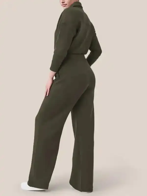 Women’s long sleeve lapel zipper wide leg jumpsuit