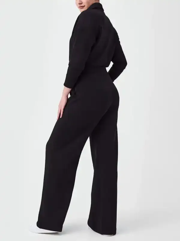 Women’s long sleeve lapel zipper wide leg jumpsuit