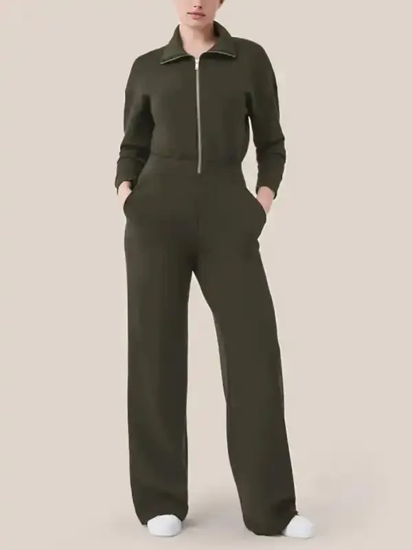 Women’s long sleeve lapel zipper wide leg jumpsuit