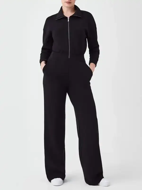 Women’s long sleeve lapel zipper wide leg jumpsuit