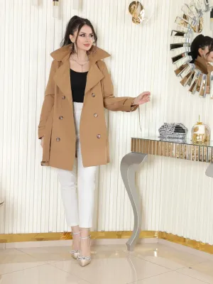Women's Short Trench Coat with V Metal Detail - Tan - SCB-W12407