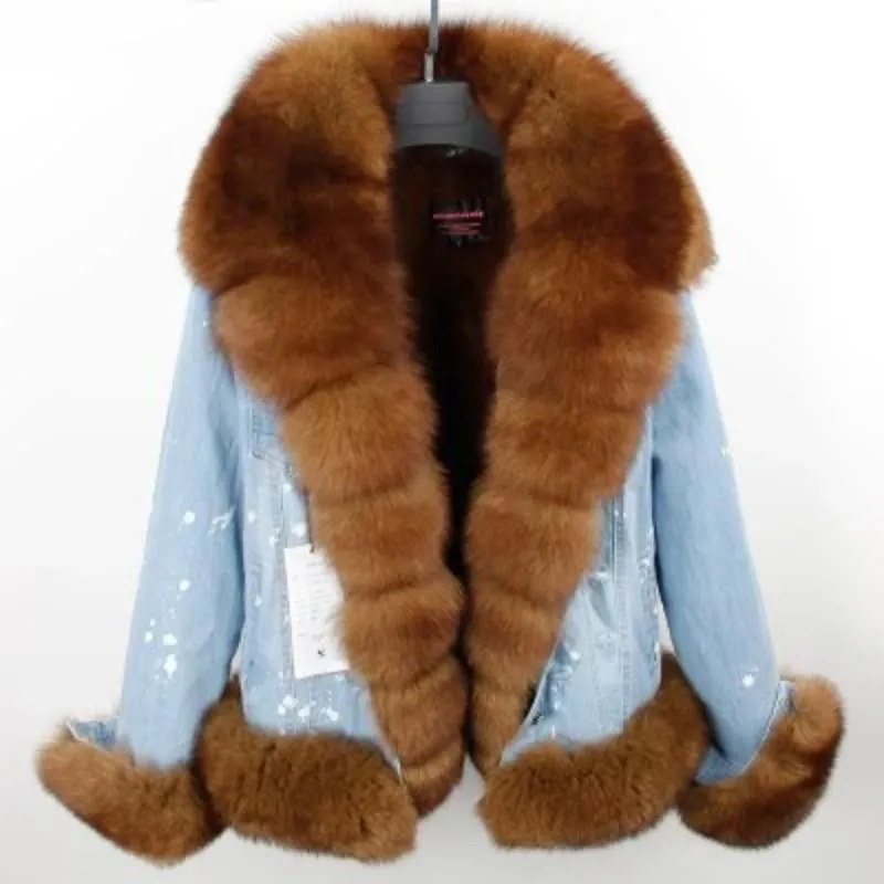 Women's Winter Casual Denim Thick Parka With Raccoon Fur