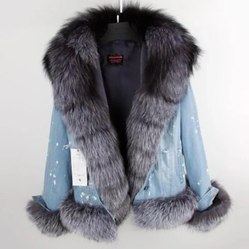 Women's Winter Casual Denim Thick Parka With Raccoon Fur