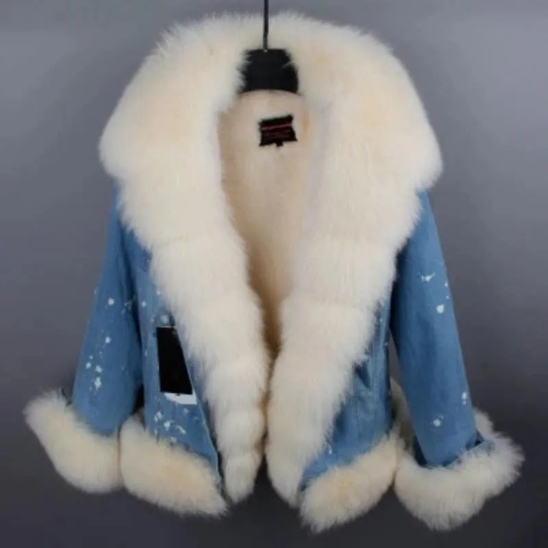 Women's Winter Casual Denim Thick Parka With Raccoon Fur