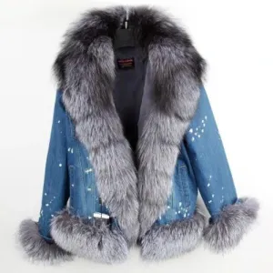 Women's Winter Casual Denim Thick Parka With Raccoon Fur