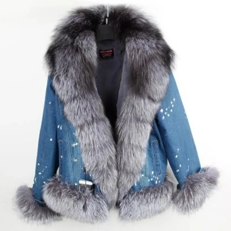 Women's Winter Casual Denim Thick Parka With Raccoon Fur