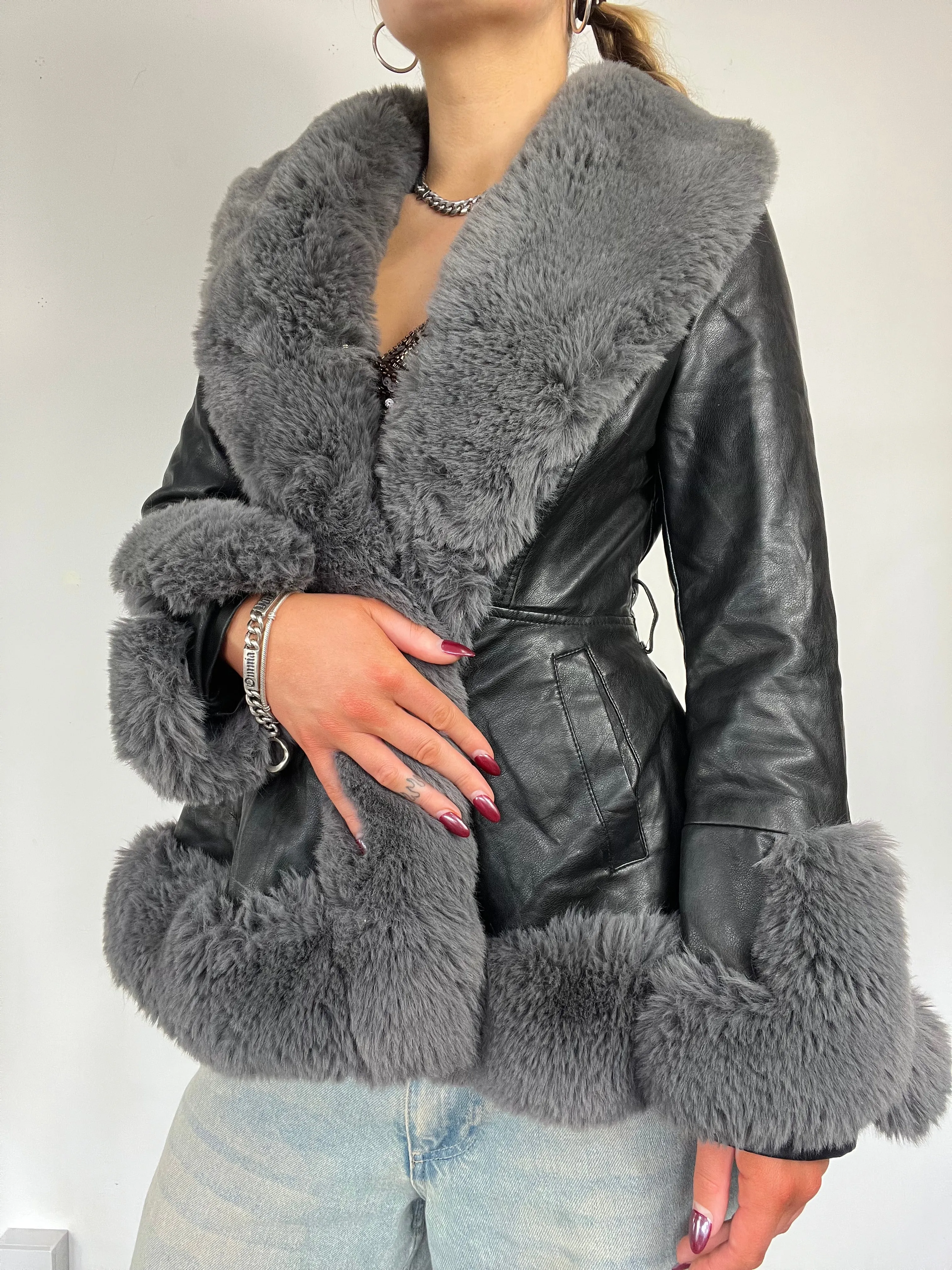 Y2K Afghan Fur Trim Leather Jacket - Size S