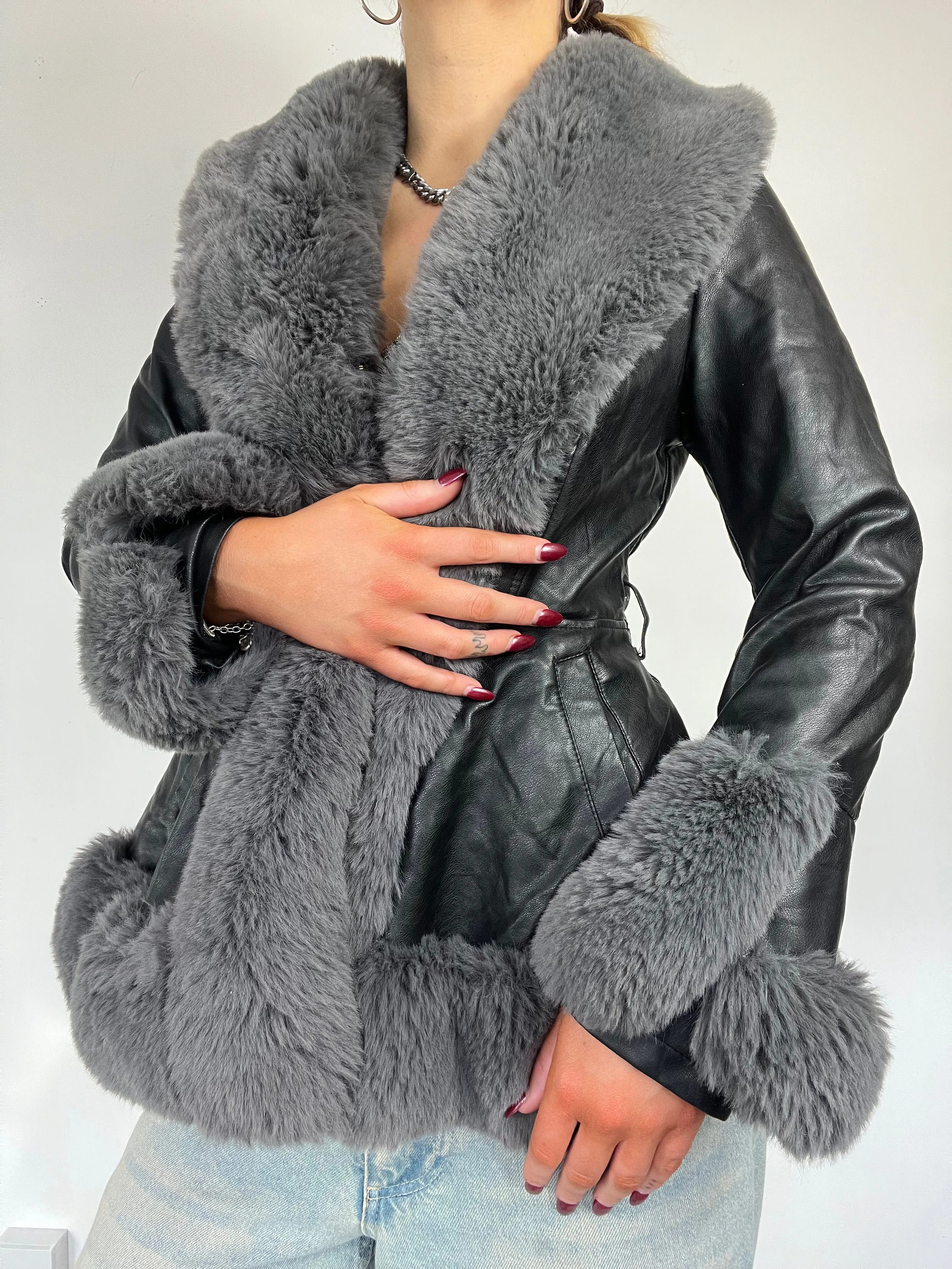 Y2K Afghan Fur Trim Leather Jacket - Size S
