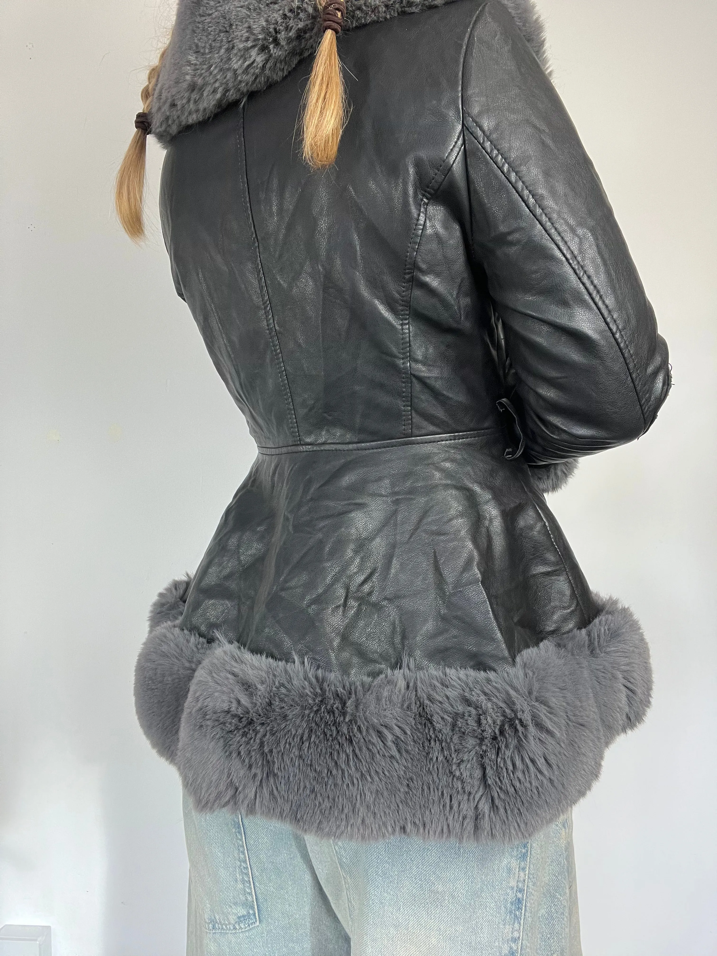 Y2K Afghan Fur Trim Leather Jacket - Size S