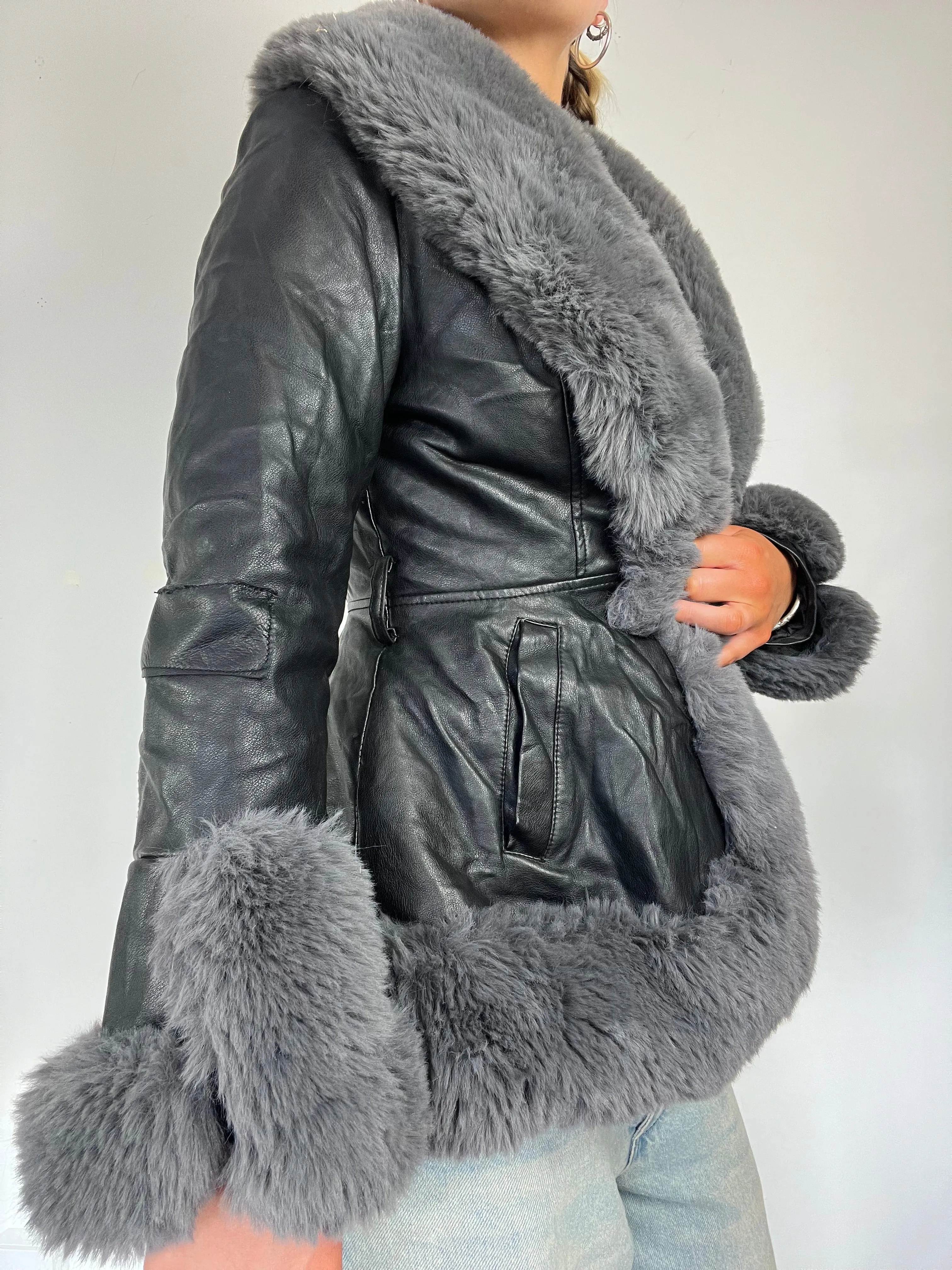 Y2K Afghan Fur Trim Leather Jacket - Size S